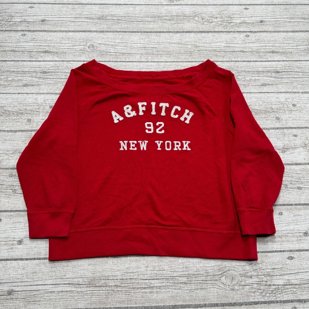 Y2K Abercrombie & Fitch Sweatshirt Womens S Red Boat Neck Loose Pullover Varsity